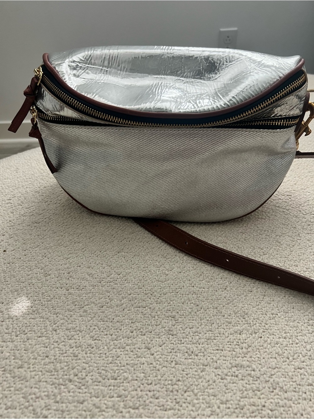 Kempton & Co Silver Metallic Crossbody Bag with Brown Trim